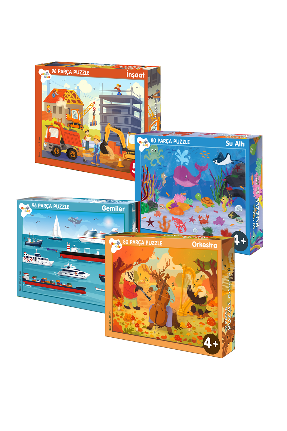 4 'lü Puzzle Set - 96 Parça İnşaat & Gemiler , 80 Parça Orkestra & Sualtı Puzzle